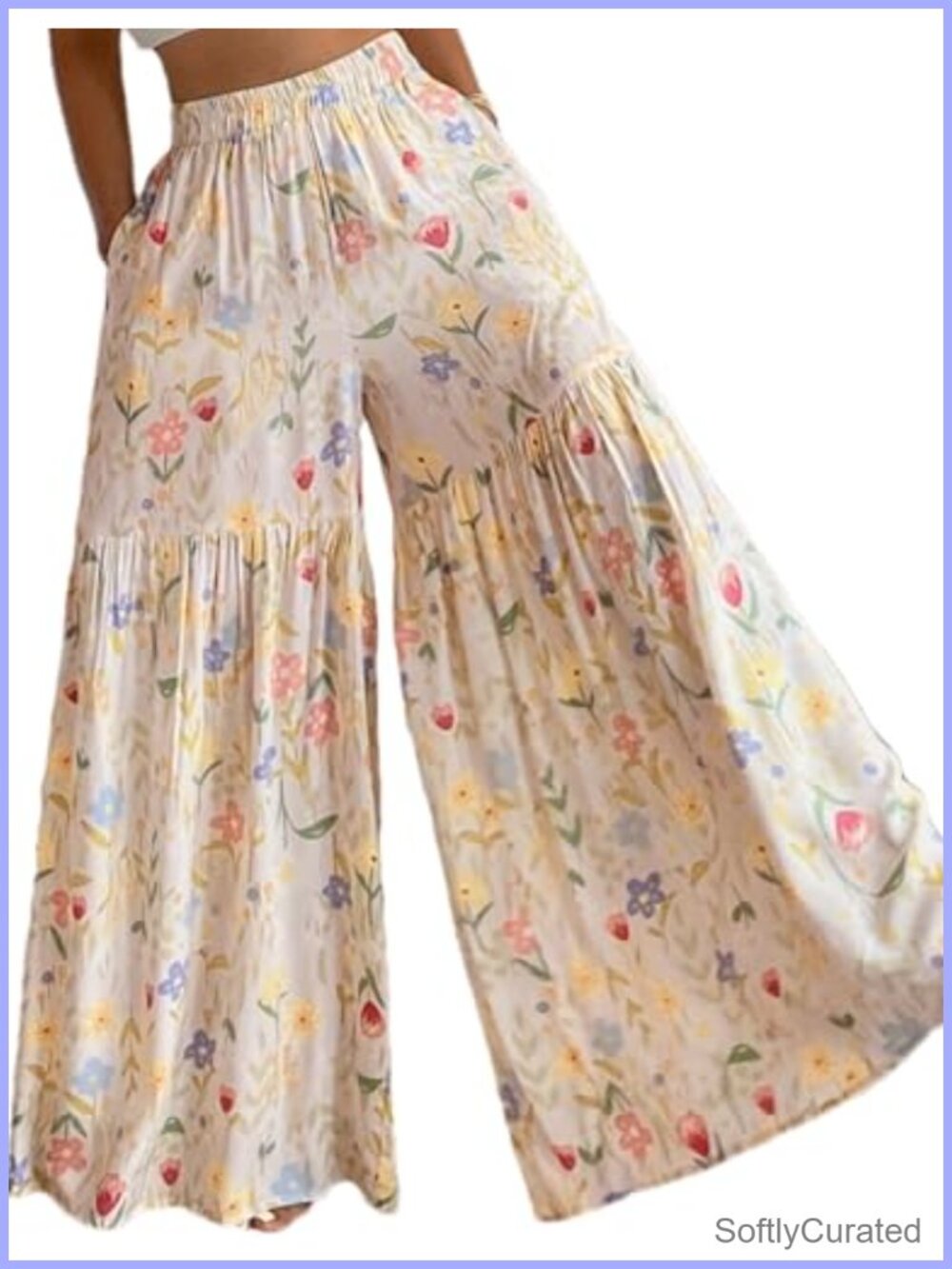 Wide Leg Floral Palazzo Pants Elastic Waist Flowy Boho Trousers